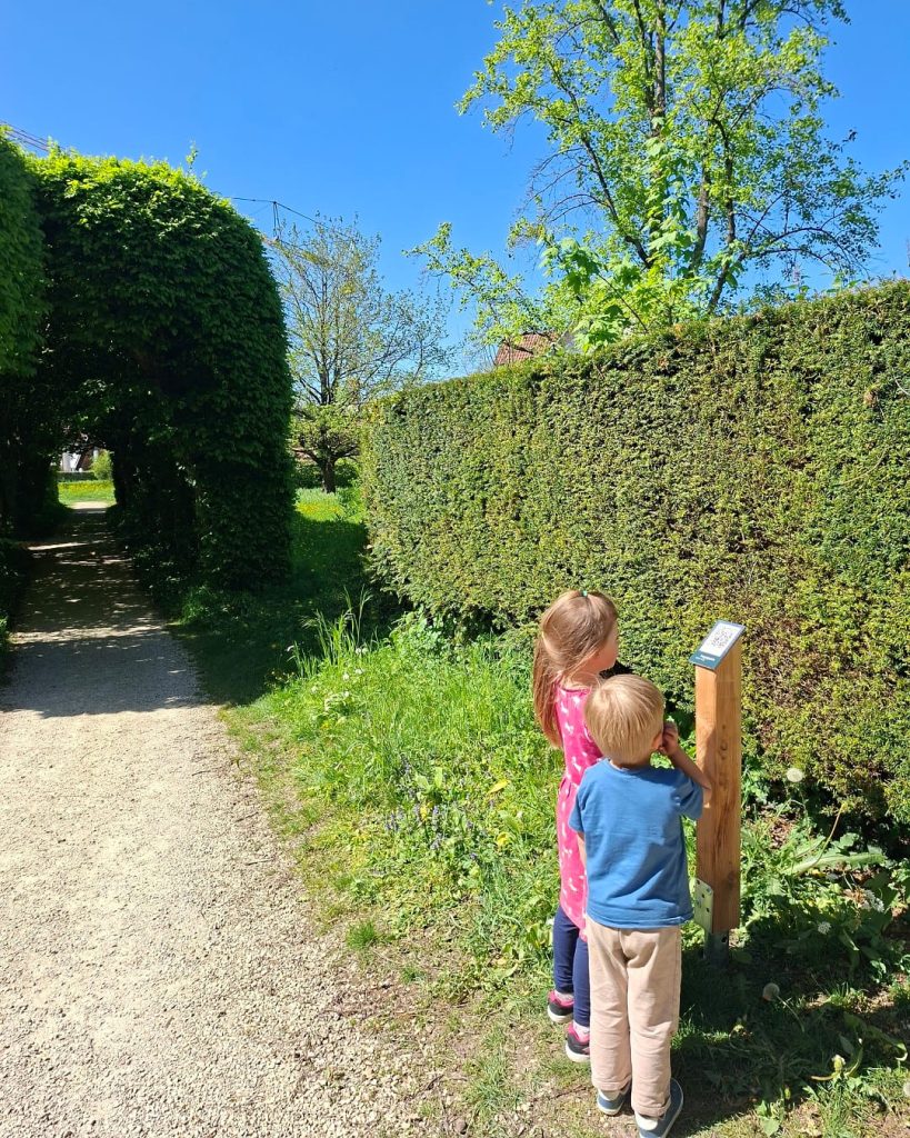 Zwei Kinder entdecken eine Station des Naturlehrpfads im Schlosspark Donzdorf. Neben einem sonnigen Weg mit grünen Hecken betrachten sie neugierig die Infotafel und erkunden spielerisch die Natur.