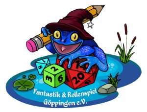 Logo des Fantastik & Rollenspiel Göppingen e. V.: Ein blauer Frosch mit Zauberhut sitzt auf Spielwürfeln in einem Teich. Daneben sind ein Würfel, ein Stift, Seerosen und Schilf zu sehen.