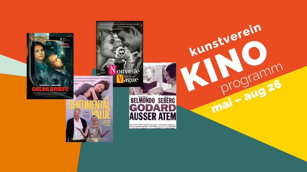 Grafik zum Kino Klub K3 Göppingen mit den Filmplakaten zu ‚Gelbe Briefe‘, ‚Sentimental Value‘, ‚Nouvelle Vague‘ und ‚Außer Atem‘ vor farbig-geometrischem Hintergrund.