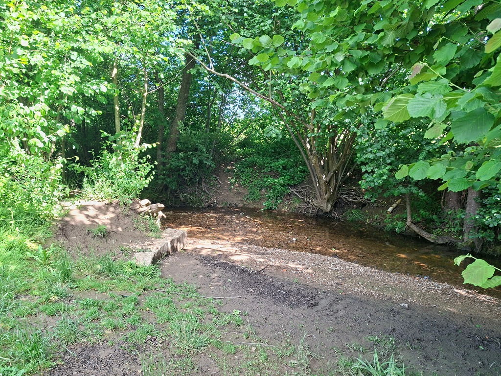 Bachzugang am Spielplatz Katzenbach mit flachem Wasserlauf und grüner Natur.