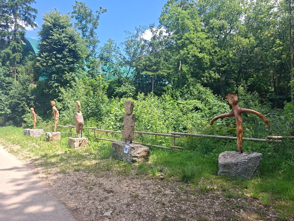 Mehrere Holz- und Steinskulpturen stehen entlang eines Weges am Dürnauer Skulpturenweg, umgeben von Bäumen und dichter Vegetation.