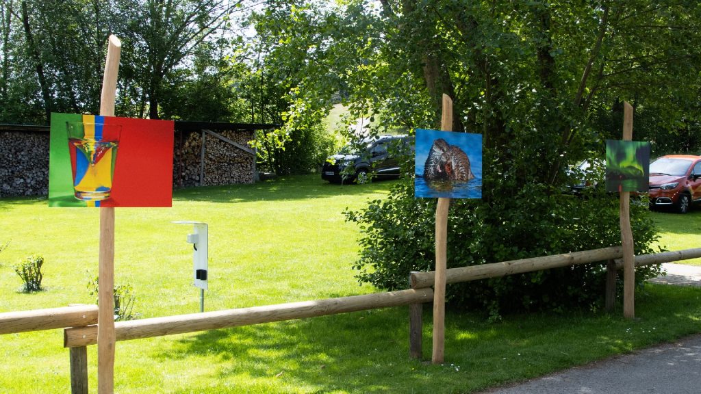 Großformatige Fotografien des Fotoclubs Albershausen hängen auf Holzstelen entlang eines Spazierwegs im Grünen und machen die Jubiläumsausstellung im öffentlichen Raum sichtbar.