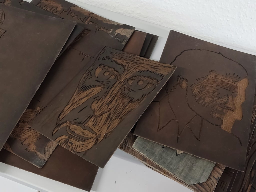 Linolplatten von J. K. Davidenko aus der Ausstellung „Sucht & Kunst“ im MuSeele.