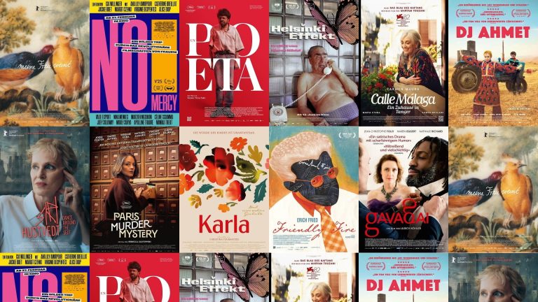 Collage aus mehreren Filmpostern des OPEN END KINO Sommerprogramms 2026, darunter „Meine Frau weint“, „No Mercy“, „Un poeta“, „Der Helsinki Effekt“, „Calle Málaga“, „DJ Ahmet“, „Siri Hustvedt“, „Paris Murder Mystery“, „Karla“, „Friendly Fire“ und „Gavagai“.