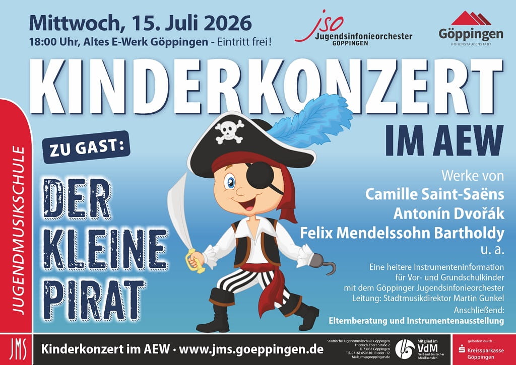 Plakat zum Kinderkonzert der Städtischen Jugendmusikschule Göppingen am 15. Juli 2026 im Alten E-Werk mit einem kleinen Piraten als Gast.