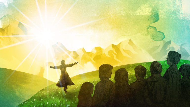 Key Visual zu „The Sound of Music Göppingen“ mit Maria vor einer Bergkulisse und der Familie von Trapp im Vordergrund.