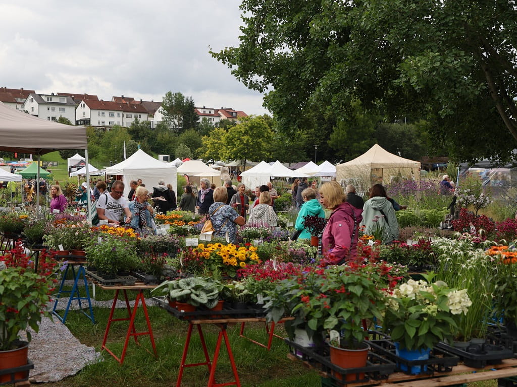 Besucher zwischen Blumenständen beim Gartenmarkt in Rechberghausen