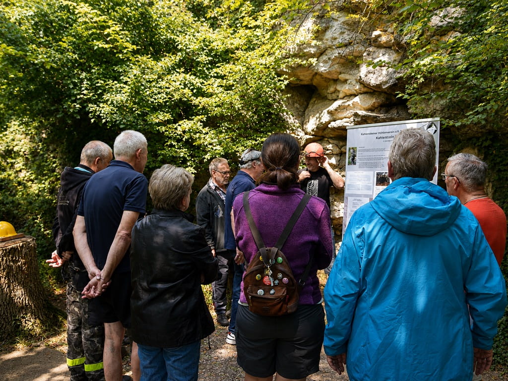 Teilnehmende einer geführten Tour stehen vor der Kahlensteinhöhle und informieren sich an einer Schautafel über die Höhle.