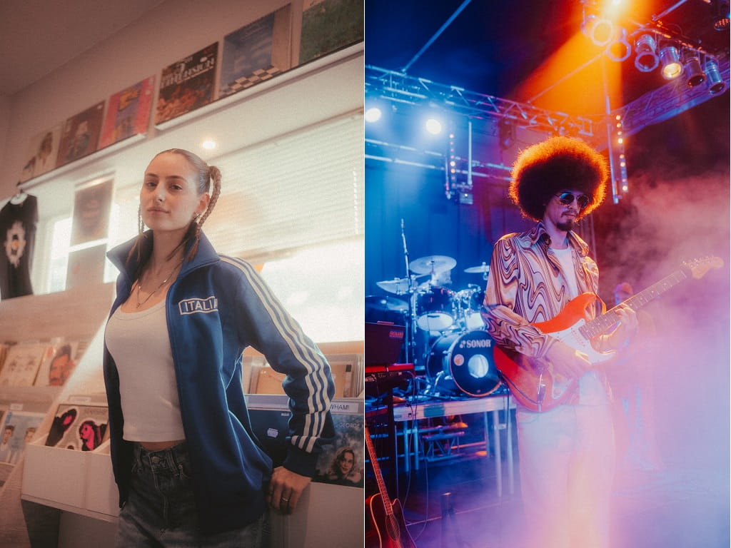 Jugendkulturtage Göppingen 2026: Soulia in einem Plattenladen und Oshín mit E-Gitarre auf einer beleuchteten Bühne.