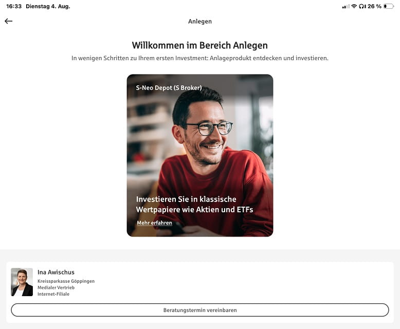 App Sparkasse mit dem neuen Themenbereich „Anlegen“ und Informationen zum S-Neo Depot