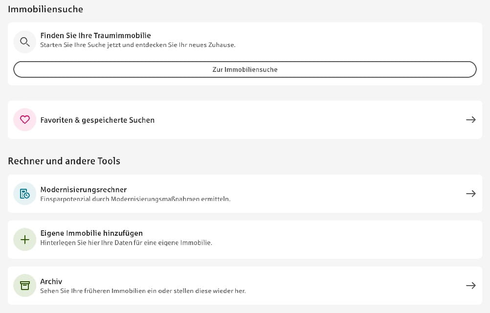 App Sparkasse mit dem Themenbereich „Immobilien“ und Modernisierungsrechner