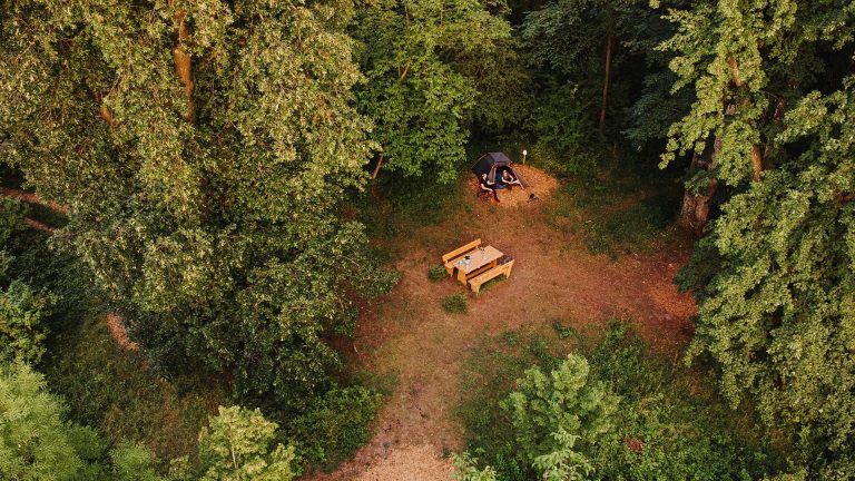 Luftaufnahme des Trekking-Camps in Gingen an der Fils mit Zelt und Sitzbank auf einer Lichtung im Wald