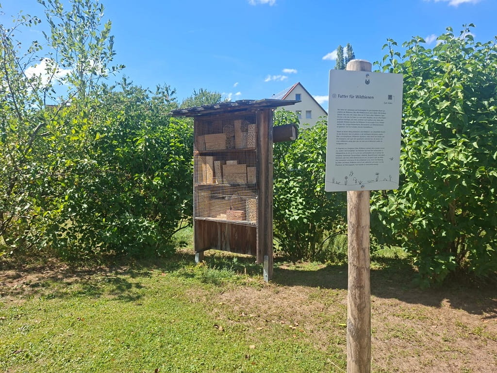 Station „Futter für Wildbienen“ am Biodiversitätspfad der WALA Heilmittel GmbH in Bad Boll mit Nisthilfe und Informationstafel