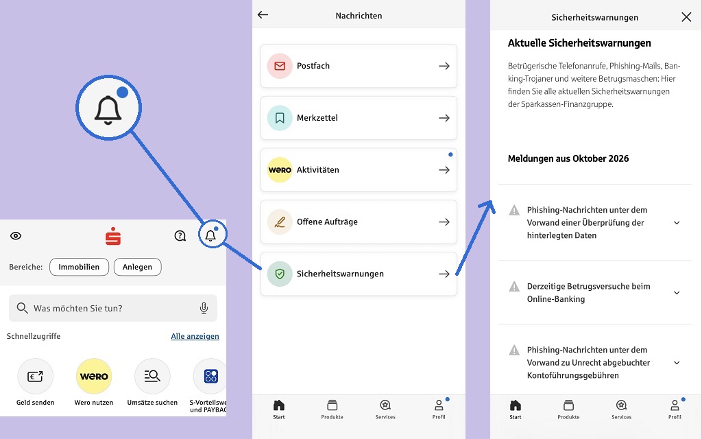 Drei Screenshots der App Sparkasse zeigen, wie Nutzer über das Glockensymbol aktuelle Sicherheitswarnungen zu Betrugsmaschen aufrufen können.