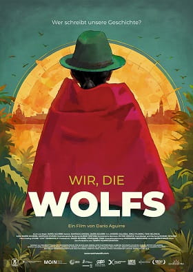 Filmplakat zu „WIR, DIE WOLFS“ mit einer Figur in rotem Umhang vor einer stilisierten Landschaft.
