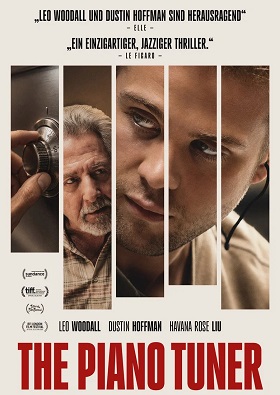 Filmplakat zu „THE PIANO TUNER“ mit Leo Woodall, Dustin Hoffman und Havana Rose Liu in vertikalen Bildausschnitten.