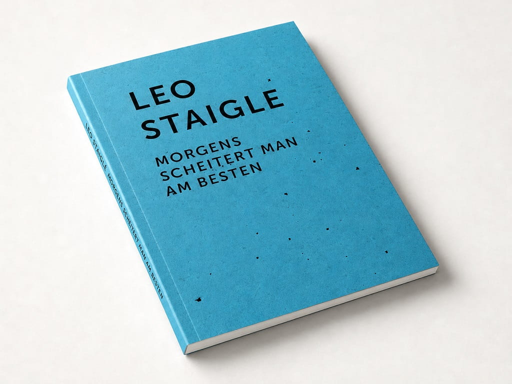 40 Jahre Kunstverein Göppingen: Ausstellungskatalog „Leo Staigle. Morgens scheitert man am besten“ mit hellblauem Cover.