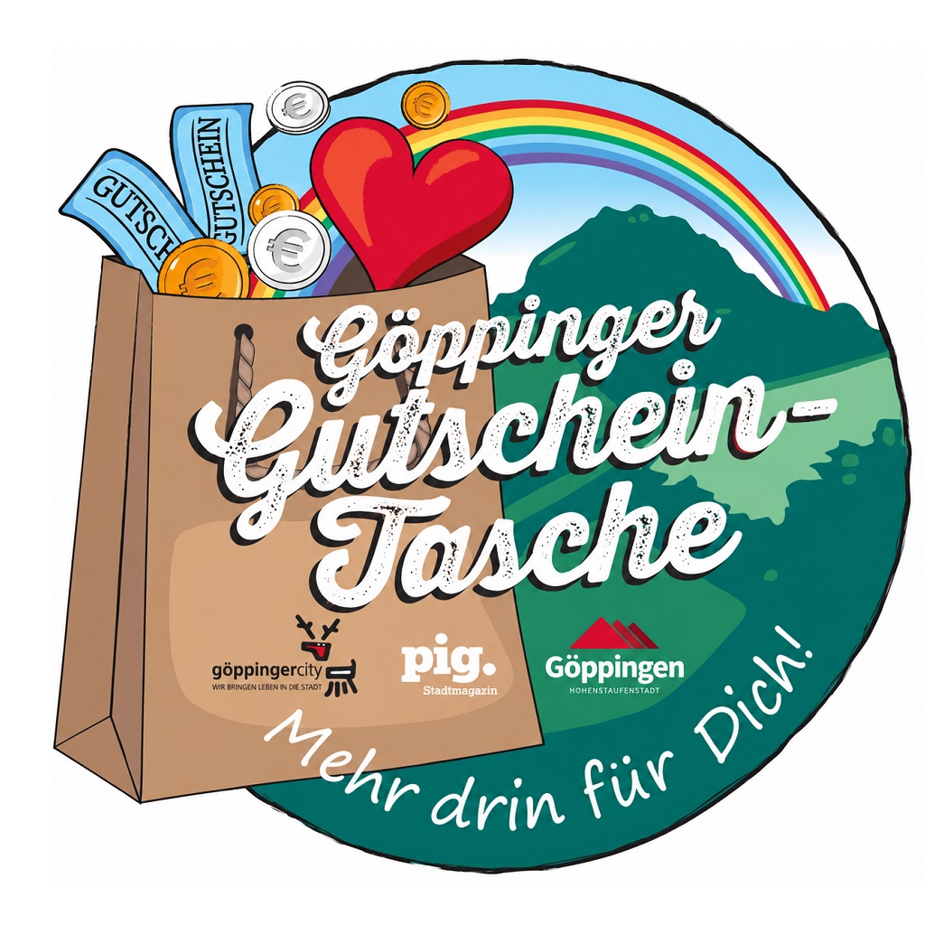 Logo der Göppinger Gutscheintasche mit Einkaufstasche, Gutscheinen, Münzen, Herz und stilisiertem Hohenstaufen.