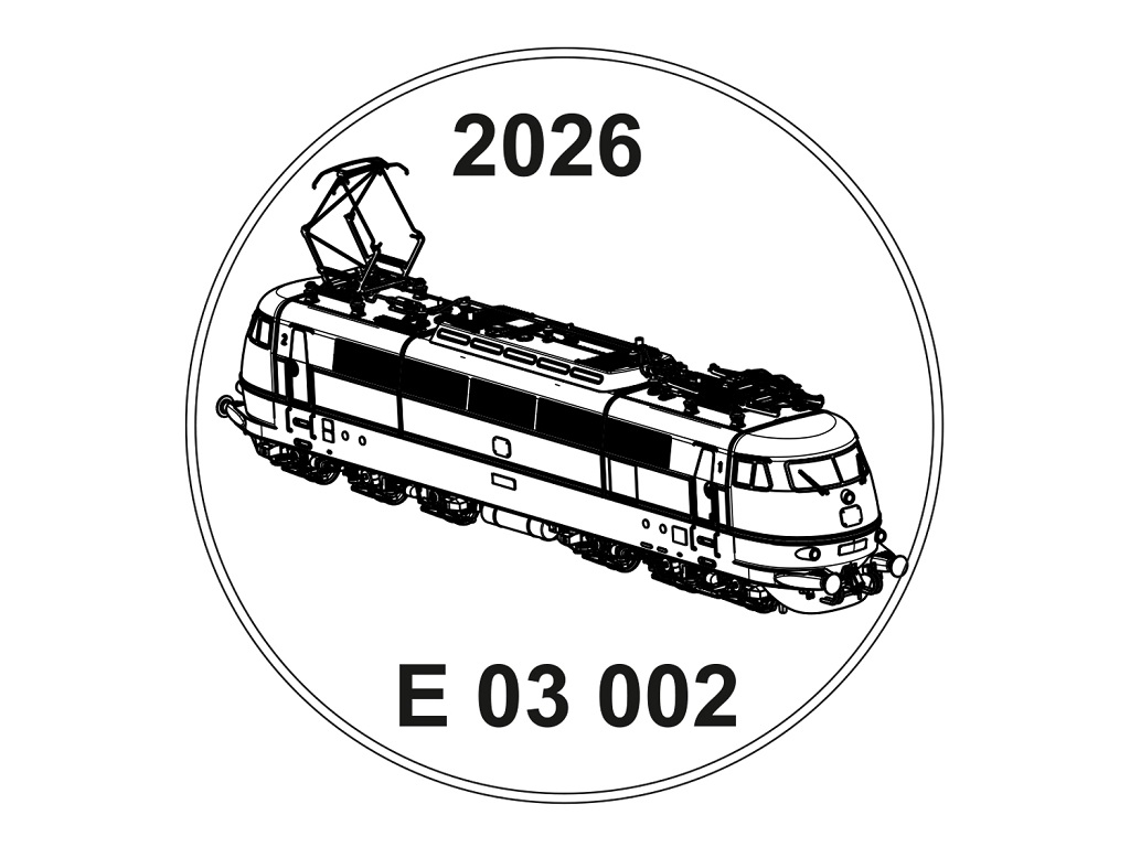 Motiv der Märklin-Medaille 2026 mit der Elektrolokomotive E 03 002 zum Tag der offenen Tür bei Märklin 2026.
