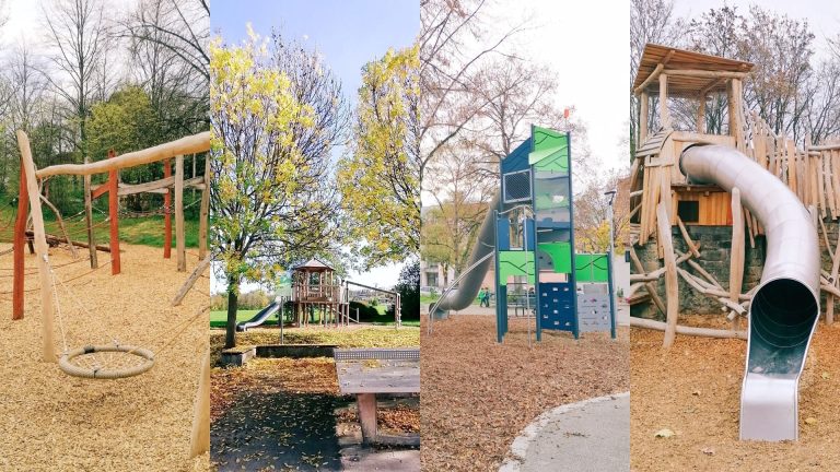 Collage der vier Lieblingsspielplätze von Spielplatzbienchen in Göppingen: Dürerstraße, Maitis, Holzheim und Faurndau mit Schaukeln, Kletteranlagen, Spieltürmen und Rutschen.