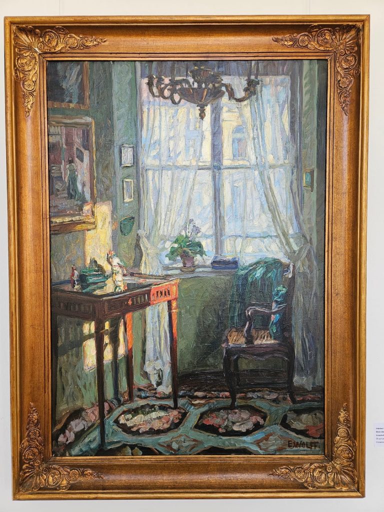 Innenraumgemälde von Eugen Wolff-Filseck mit großem Fenster, durch das helles Licht in den Raum fällt