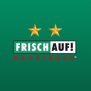 Logo von FRISCH AUF! Göppingen mit grün-weißem Schriftzug, rotem Vereinsnamen und zwei goldenen Sternen auf grünem Hintergrund.