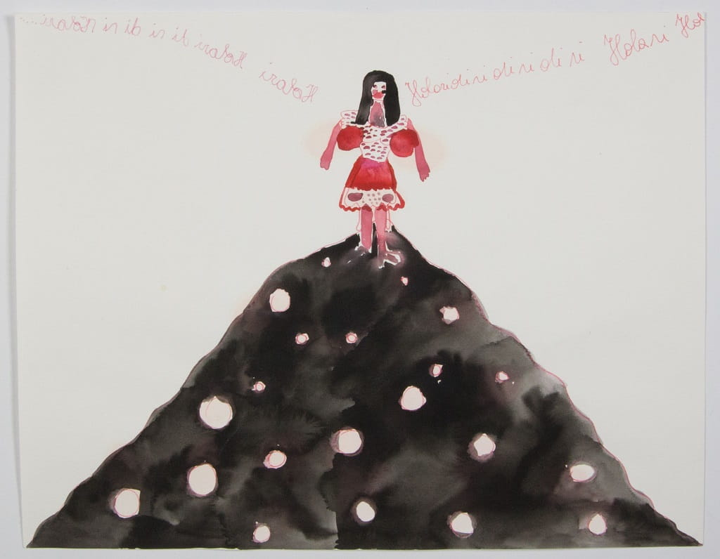 Aquarell von Gabriela Oberkofler mit einer Frau im rot-weißen Dirndl, die auf einem dunklen Hügel steht. Im Hintergrund sind handschriftliche Schriftzüge zu sehen.
