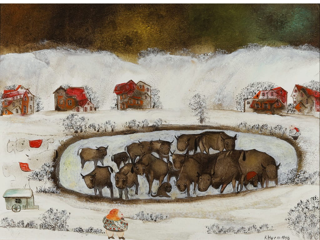 Karl Hurms Gemälde „Kühe auf dem gefrorenen See“ zeigt eine winterliche Dorflandschaft mit braunen Kühen auf einem zugefrorenen See. Zu sehen in der Ausstellung „Das Dorf als Bühne“.