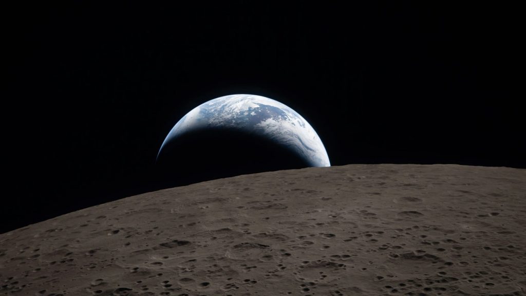 Die Erde verschwindet hinter dem Mondhorizont, aufgenommen während der NASA-Mission Artemis II.