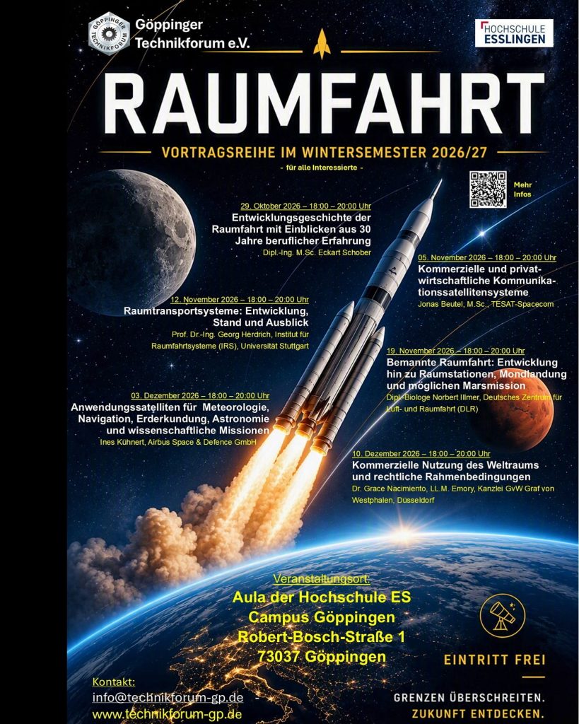Veranstaltungsplakat des Göppinger Technikforums zur sechsteiligen Vortragsreihe Raumfahrt 2026/27